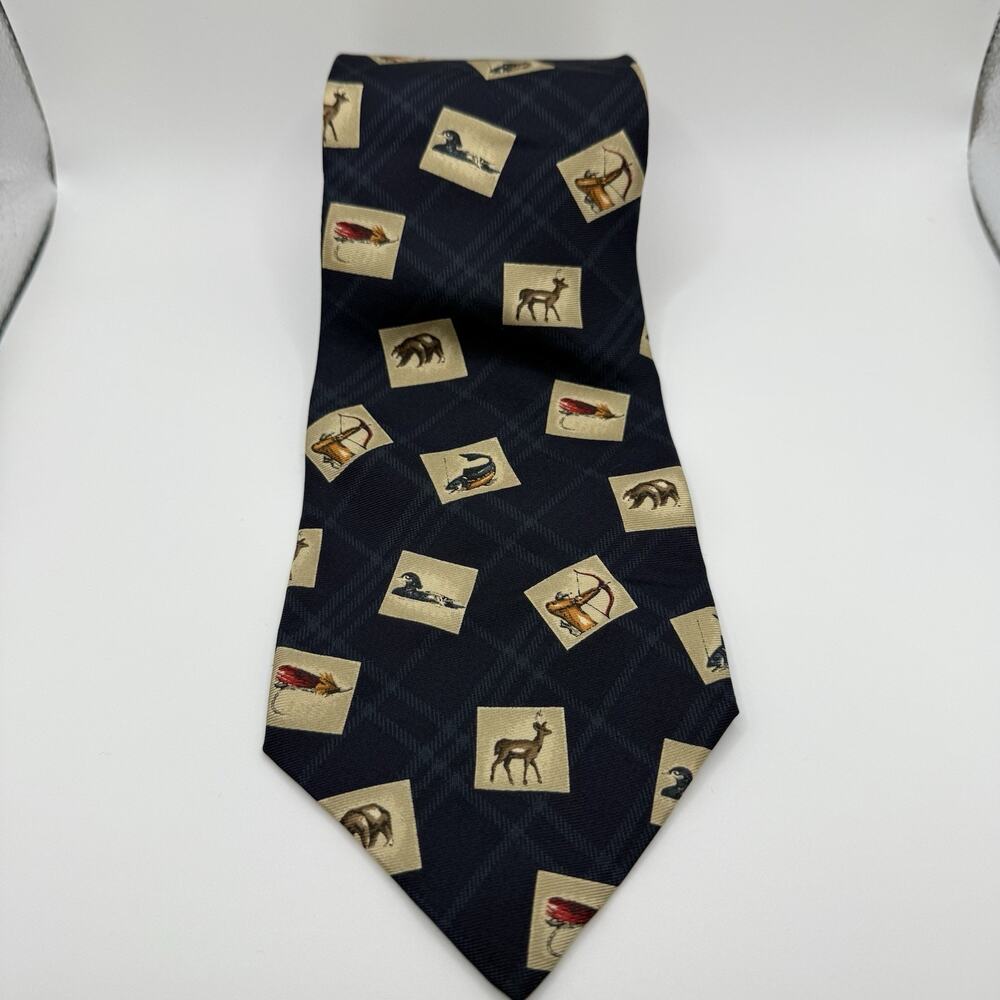 Chaps Ralph Lauren 100% Silk Tie Made‎ in USA Plaid Outdoorsman Print Fish Deer - Picture 4 of 7